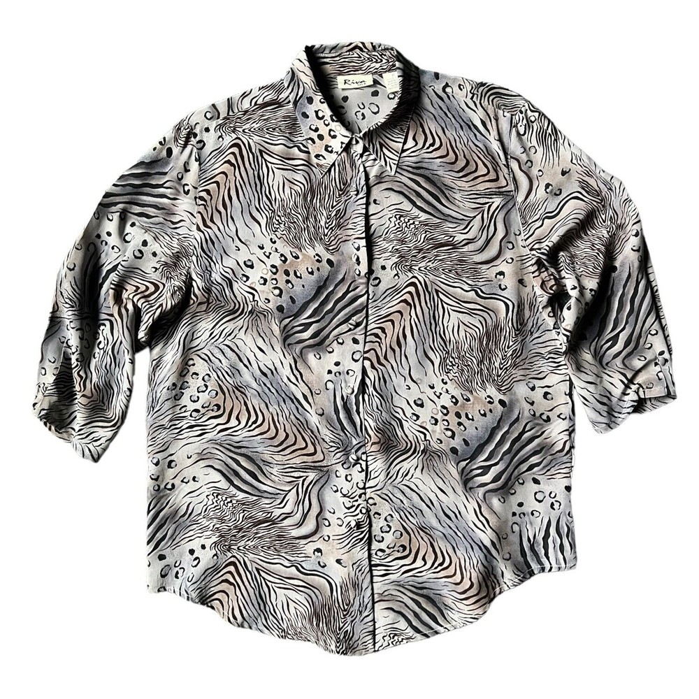 Riva 100% Silk Animal Print Button Up Blouse M Medium 3/4 Sleeve Zebra Leopard